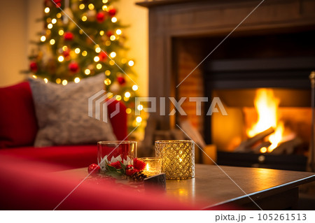 Christmas, holiday decor and country cottage style, cosy atmosphere, decorated Christmas tree in the English countryside house living room with fireplace, interior decoration Christmas, holiday decor and country cottage style, cosy atmosphere, decorated Christmas tree in the English countryside house living room with fireplace, interior decoration 105261513