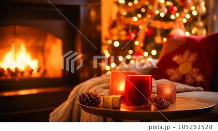Christmas decor, holiday time and country cottage style, cosy atmosphere, decorations in the English countryside house with Christmas tree and fireplace on background, winter holidays Christmas decor, holiday time and country cottage style, cosy atmosphere, decorations in the English countryside house with Christmas tree and fireplace on background, winter holidays 105261528