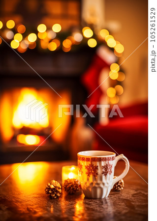 Christmas decor, holiday time and country cottage style, cosy atmosphere, decorations in the English countryside house with Christmas tree and fireplace on background, winter holidays 105261529