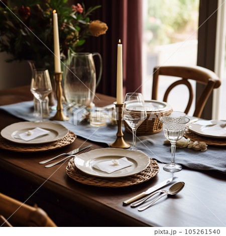 Country tablescape, formal dinner table setting, table scape with elegant tableware and dinnerware for wedding and event decor 105261540
