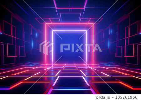 Abstract neon light geometric background. Glowing neon lines. Empty futuristic stage laser. Colorful rectangular laser lines. Square tunnel. Night club empty room. Laser show design. Generative AI. 105261966