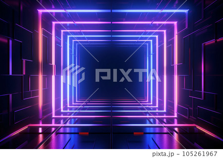 Abstract neon light geometric background. Glowing neon lines. Empty futuristic stage laser. Colorful rectangular laser lines. Square tunnel. Night club empty room. Laser show design. Generative AI. 105261967