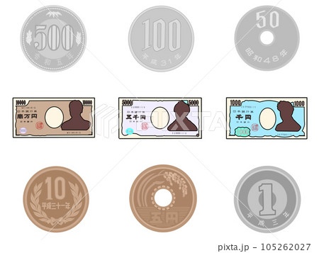 日本のお金（紙幣　硬貨）をイメージしたセットイラストです。 105262027
