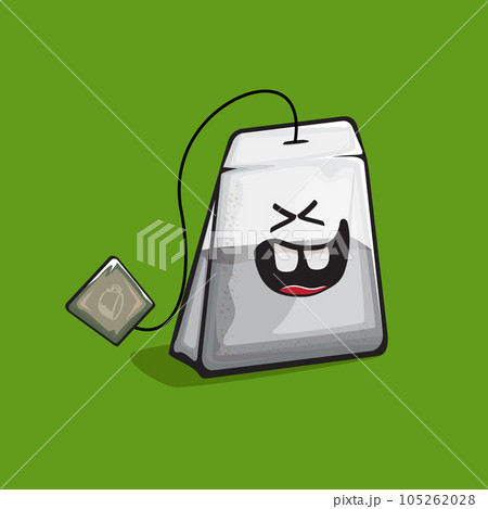 Tea bag character. Cartoon tea bag isolated on green background. Funky paper tea bag character with eyes and mouth. Vector white teabag clip art, emoji, label and sticker Tea bag character. Cartoon tea bag isolated on green background. Funky paper tea bag character with eyes and mouth. Vector white teabag clip art, emoji, label and sticker 105262028