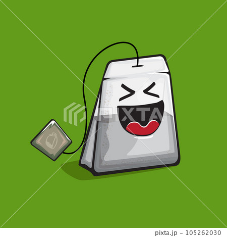 Tea bag character. Cartoon tea bag isolated on green background. Funky paper tea bag character with eyes and mouth. Vector white teabag clip art, emoji, label and sticker Tea bag character. Cartoon tea bag isolated on green background. Funky paper tea bag character with eyes and mouth. Vector white teabag clip art, emoji, label and sticker 105262030