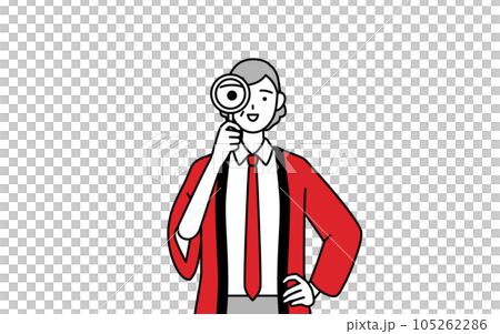 A senior saleswoman wearing a red happi coat looking through a magnifying glass A senior saleswoman wearing a red happi coat looking through a magnifying glass 105262286