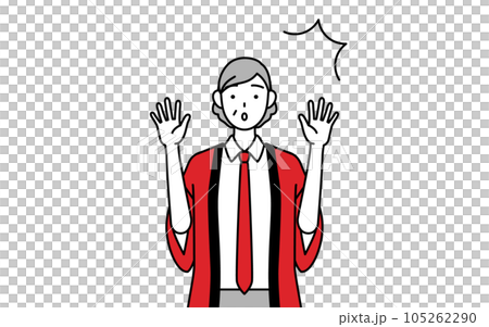 A senior female salesperson wearing a red happi coat raising her hand in surprise A senior female salesperson wearing a red happi coat raising her hand in surprise 105262290