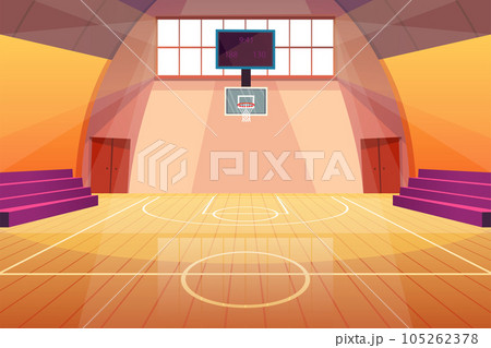 Cartoon Color Basketball Court Interior Inside Scene Sport Concept Flat Design Style . Vector illustration of School Gym Cartoon Color Basketball Court Interior Inside Scene Sport Concept Flat Design Style . Vector illustration of School Gym 105262378