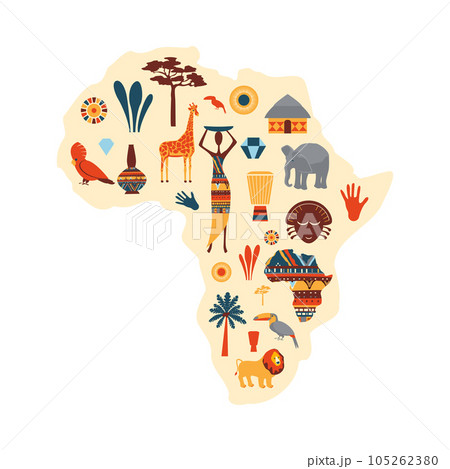 Cartoon Color African Ethnic Icon Set Concept Flat Design Style Include of Vase, Mask and Baobab. Vector illustration Cartoon Color African Ethnic Icon Set Concept Flat Design Style Include of Vase, Mask and Baobab. Vector illustration 105262380