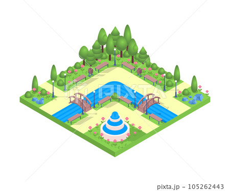 Color Public City Park with River and Wood Bridge Recreation Area Concept Isometric View Element. Vector illustration Color Public City Park with River and Wood Bridge Recreation Area Concept Isometric View Element. Vector illustration 105262443