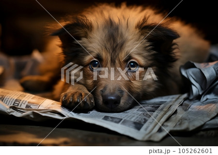 A little stray puppy is lying on a newspaper 105262601