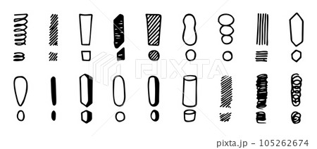 Exclamation marks set. Different types of punctuation marks black painted icons and symbols, alert punctuation mark icons. Vector isolated collection Exclamation marks set. Different types of punctuation marks black painted icons and symbols, alert punctuation mark icons. Vector isolated collection 105262674