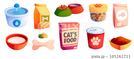 Pets food. Cartoon dog and cat bowl with meal, kitten plate with wet food, feline dish with dry snack. Vector flat food for pets illustration 105262711