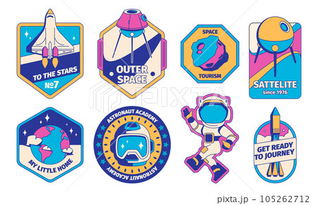 Vintage space and astronaut badges. Retro galaxy with rocket flight to insignia labels, old style planet and space exploration emblem. Vector isolated set 105262712
