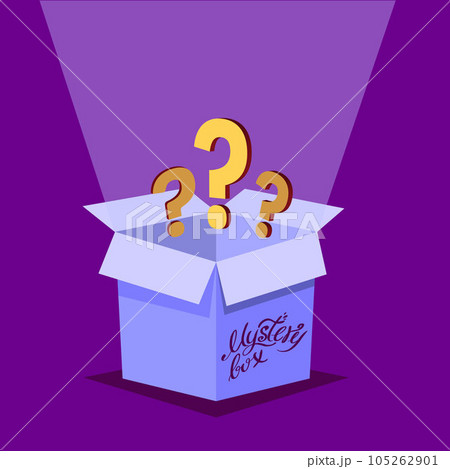 Mystery Secret boxes. Cardboard open box with Question mark. Holiday surprise box Mystery Secret boxes. Cardboard open box with Question mark. Holiday surprise box 105262901