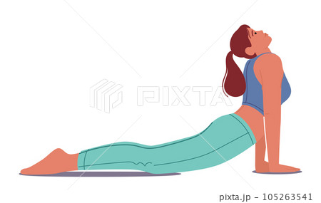 Woman Performing Bhujangasana, Cobra Pose. Female Character Stretches Her Arms Straight, Lifts Chest Off The Ground Woman Performing Bhujangasana, Cobra Pose. Female Character Stretches Her Arms Straight, Lifts Chest Off The Ground 105263541