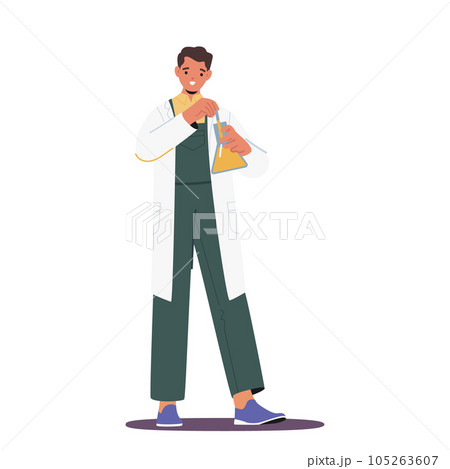 Chemist Male Character Analyzing Beer In A Glass Flask, Carefully Measuring And Observing Its Chemical Properties 105263607