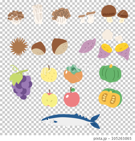食欲の秋をイメージした秋の食材のシンプルイラストセット 食欲の秋をイメージした秋の食材のシンプルイラストセット 105263865