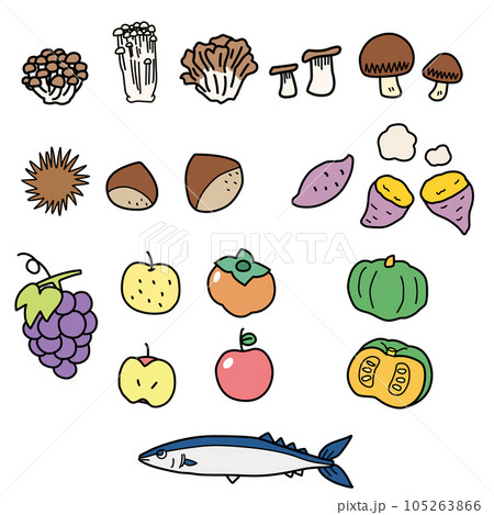 食欲の秋をイメージした秋の食材のシンプルイラストセット 105263866