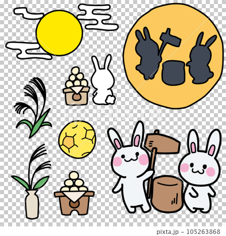An illustration set featuring a rabbit in the image of a moon viewing An illustration set featuring a rabbit in the image of a moon viewing 105263868