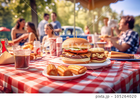 Gathering of Friends and Family Barbecue and Picnic Delights in a Classic Scene. created with Generative AI 105264020