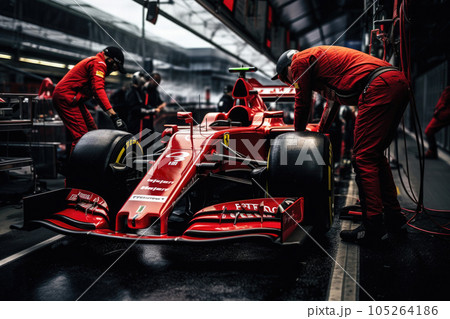 Formula one racing car in garage. Generative AI 105264186