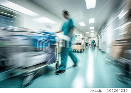 Hospital emergency team rush patient in clinic corridor. Generative AI 105264236