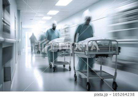 Hospital emergency team rush patient in clinic corridor. Generative AI 105264238