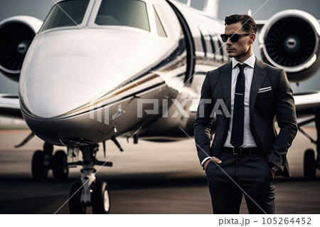 Businessman in suit stands next to private plane. Generative AI Businessman in suit stands next to private plane. Generative AI 105264452