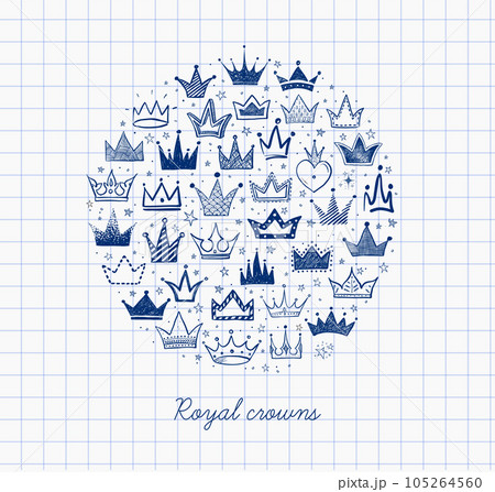 Card with blue pen doodle crowns in circle on lined paper. Vector sketch illustration Card with blue pen doodle crowns in circle on lined paper. Vector sketch illustration 105264560
