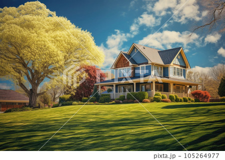Traditional american house facade in suburb. Generative AI 105264977