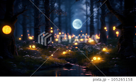 Enchanted Realm Mystical Glowing Forest in the Depths of the Night. created with Generative AI 105265158