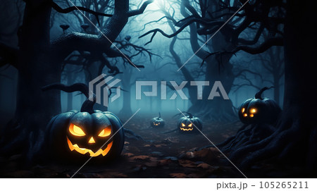 Enchanting Haunted Forest Blue Moon Halloween Night with Spectral Jack-o'-Lanterns. created with Generative AI 105265211