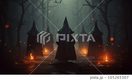 Mystical Witches' Ritual A Gloomy Dramatic Forest Background for Halloween Holiday and Witchcraft on October 31. created with Generative AI Mystical Witches' Ritual A Gloomy Dramatic Forest Background for Halloween Holiday and Witchcraft on October 31. created with Generative AI 105265307