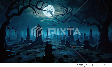 Moonlit Cemetery on a Field A Haunting Halloween Background on October 31. created with Generative AI 105265308