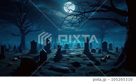 Moonlit Cemetery on a Field A Haunting Halloween Background on October 31. created with Generative AI 105265310