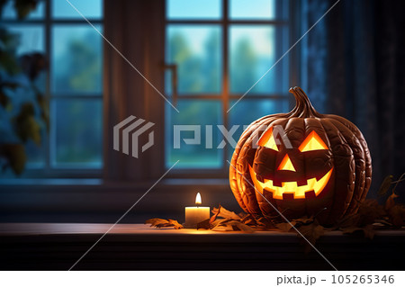 Scary Pumpkin Lantern with Evil Grin for Halloween: Spooky Halloween Decoration. created with Generative AI 105265346