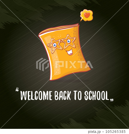 Back to school banner or poster with cartoon funky book and hand drawn doodle text label on black chalkboard texture backdrop. Vector back to school background with cartoon school supplies 105265385