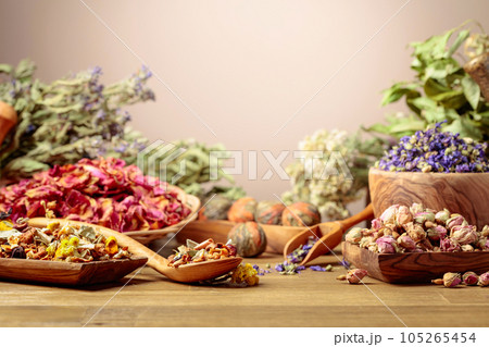 Herbal tea mix and various dried medicinal plants. Herbal tea mix and various dried medicinal plants. 105265454