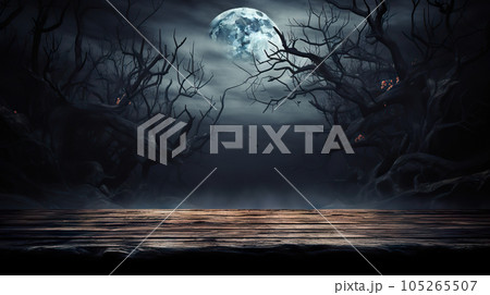 Eerie Night Old Wood Table and Silhouette Dead Tree for Halloween Background. created with Generative AI Eerie Night Old Wood Table and Silhouette Dead Tree for Halloween Background. created with Generative AI 105265507
