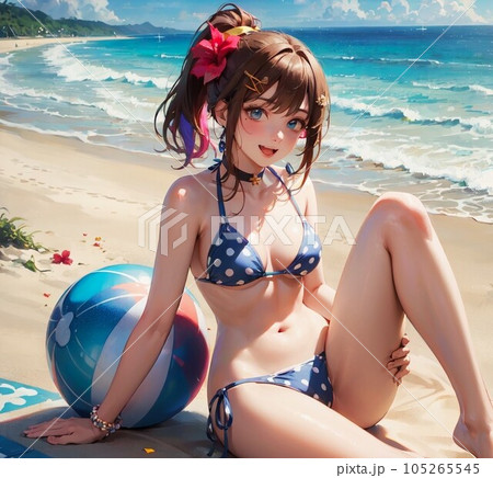 浜辺で座る水着姿のお姉さん 105265545