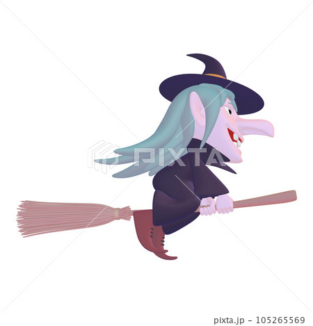 ハロウィンのイラスト素材　魔法の箒で空を飛ぶ鋭い目の魔女（1_8）　カラバリ（2） 105265569