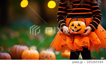 Little Girl Enjoying Halloween Trick or Treat Adventures with Joy and Excitement. created with Generative AI 105265584