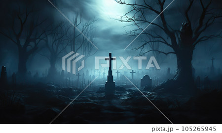 Forgotten Souls Abandoned Spooky Cemetery with Old Celtic Cross Gravestone on Dark Misty Night. created with Generative AI 105265945