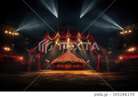 Circus tent with illuminations at night. Generative AI Circus tent with illuminations at night. Generative AI 105266170