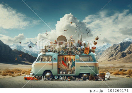 Retro van in mountain landscape. Road trip. Generative AI Retro van in mountain landscape. Road trip. Generative AI 105266171