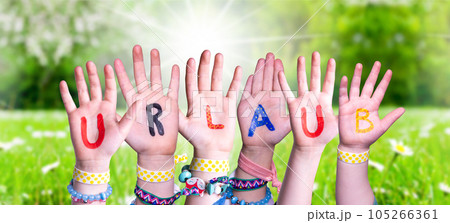 Children Hands Building Word Urlaub Means Vacation, Grass Meadow Children Hands Building Word Urlaub Means Vacation, Grass Meadow 105266361