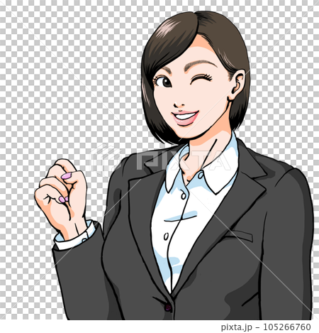 A young woman in a suit smiling with a guts pose while winking A young woman in a suit smiling with a guts pose while winking 105266760