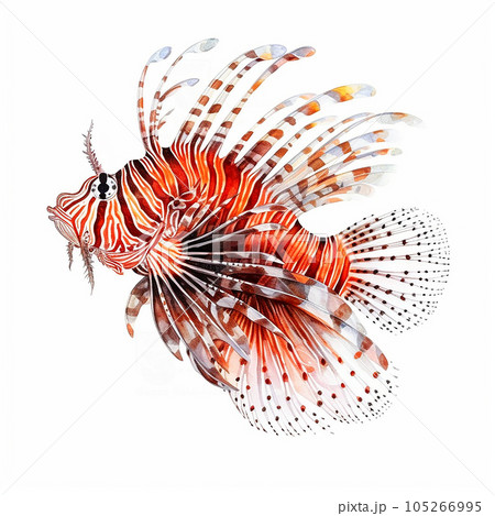 Fish Radiant lionfish close up isolated on white. Beautiful colorful unusual sea fish Fish Radiant lionfish close up isolated on white. Beautiful colorful unusual sea fish 105266995