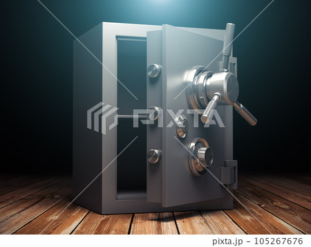Open bank vault safe on black background. Security and protection. 105267676